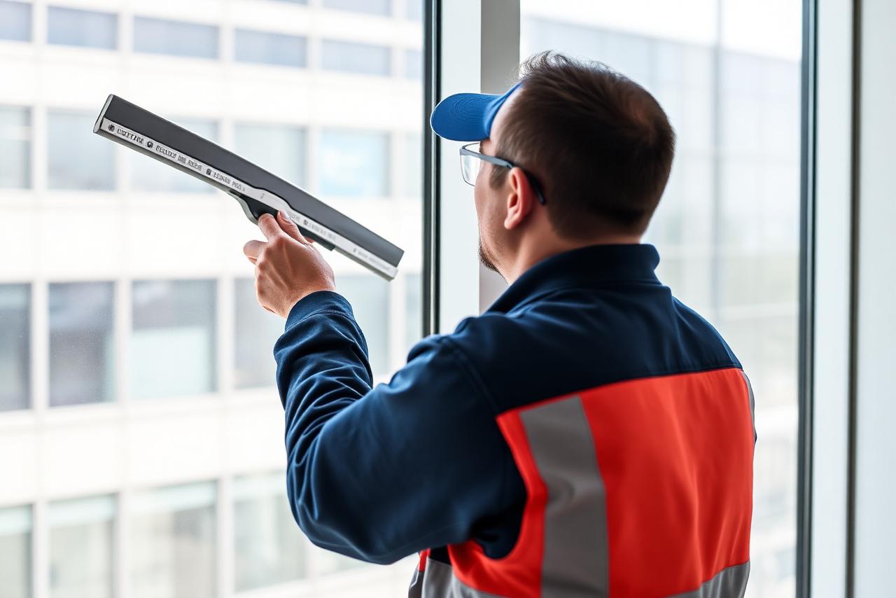 Glasreiniger reinigt eine Fensterfront mit Abzieher