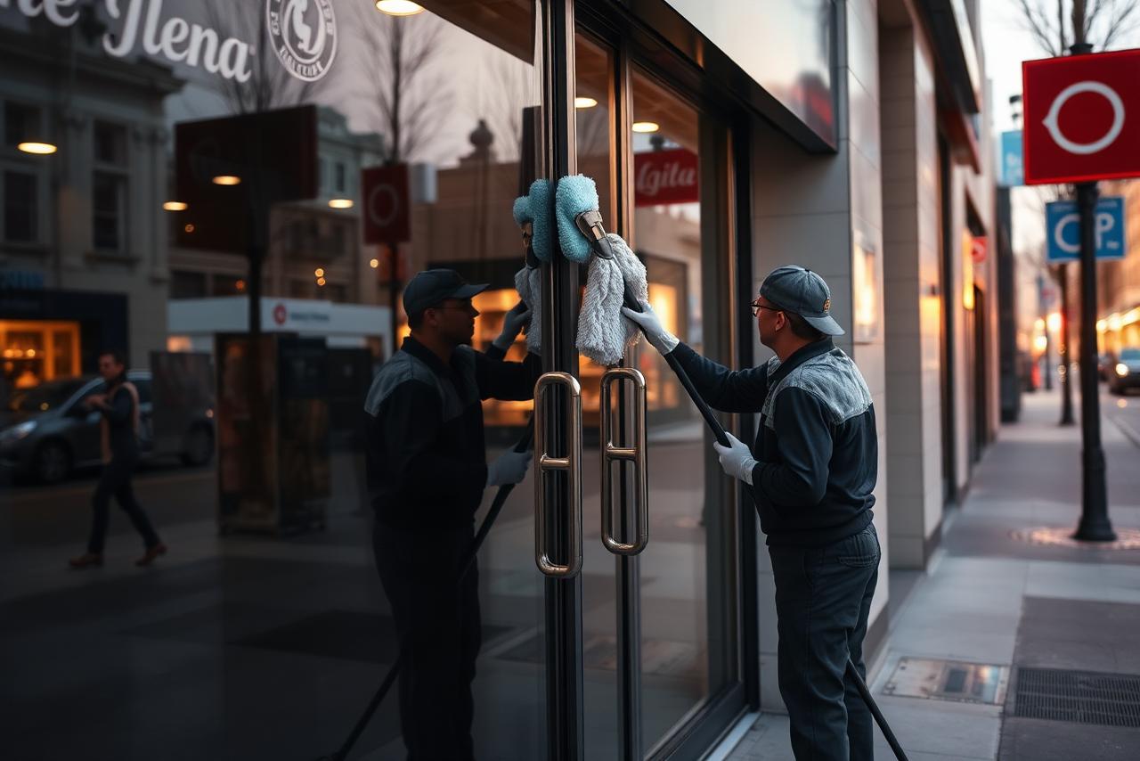 Reinigung einer großen Glasfront an einem Ladeneingang