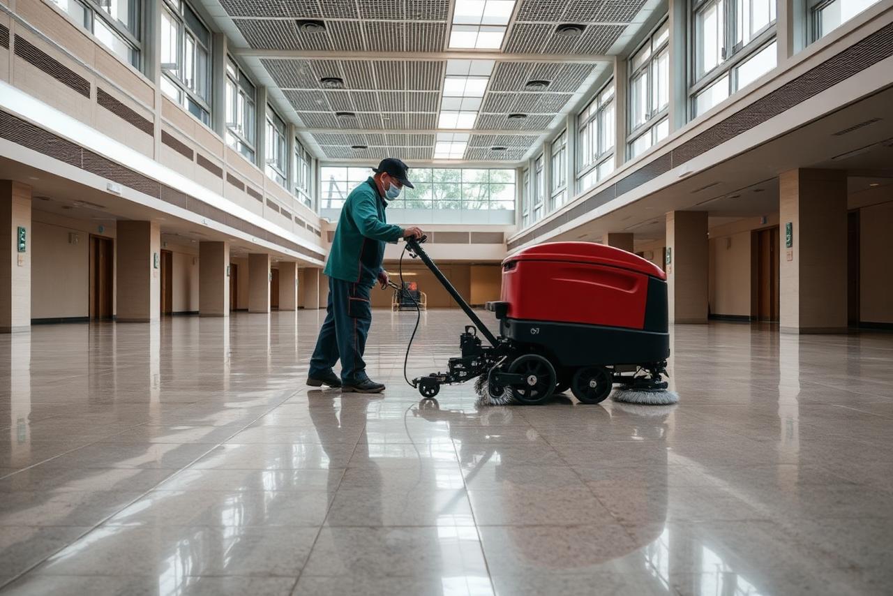 Bodenreinigungsmaschine bei der Grundreinigung einer Gewerbefläche