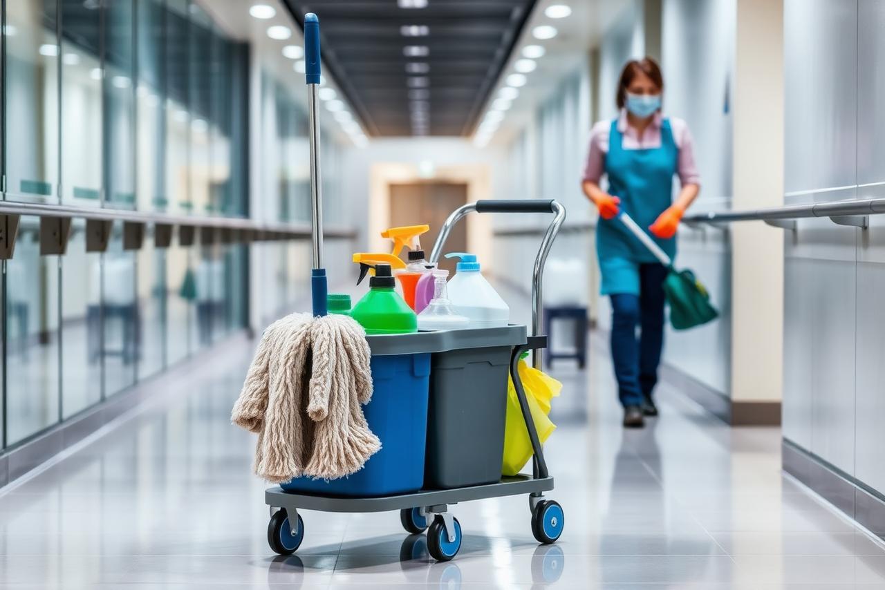 Reinigungswagen und Reinigungskraft bei der laufenden Unterhaltsreinigung eines Gebäudes